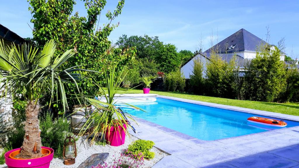 Juigné-sur-Loirela noue aubert的院子里种有植物的游泳池