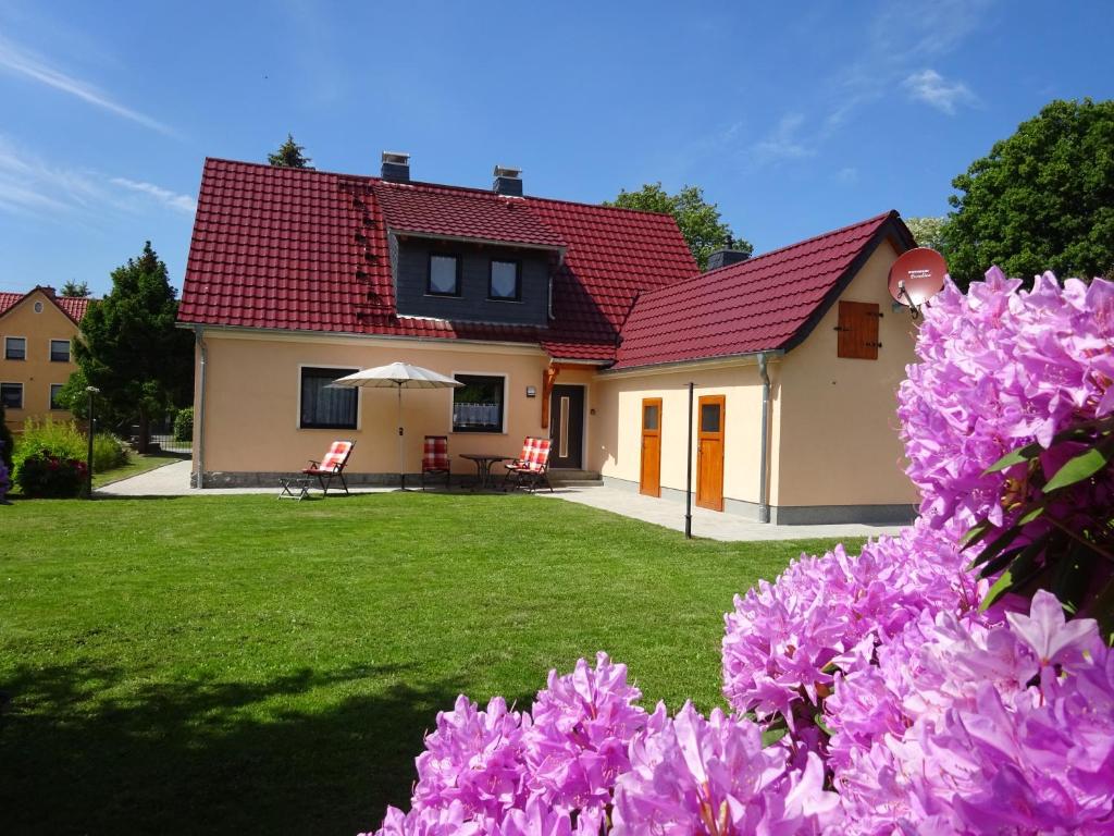 MalschwitzFerienhaus Oberlausitz的一座红色屋顶和紫色花卉的房子