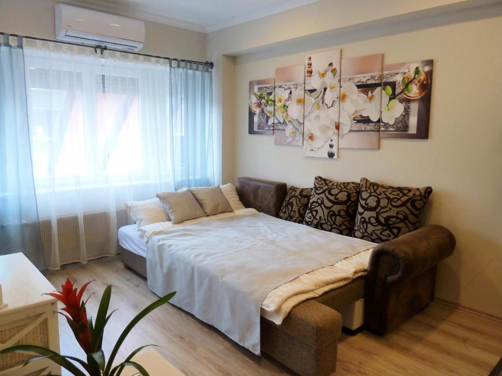 德布勒森VárLak Apartman的一间卧室配有一张床和一张沙发