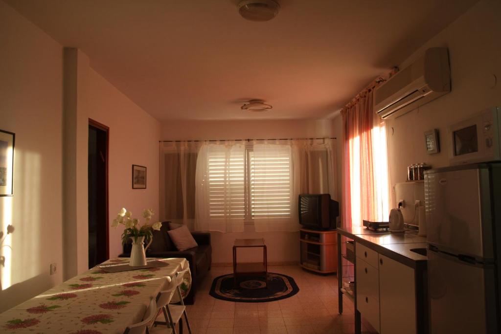 Neot GolanKinneret Guesthouse的厨房以及带桌子和冰箱的客厅。