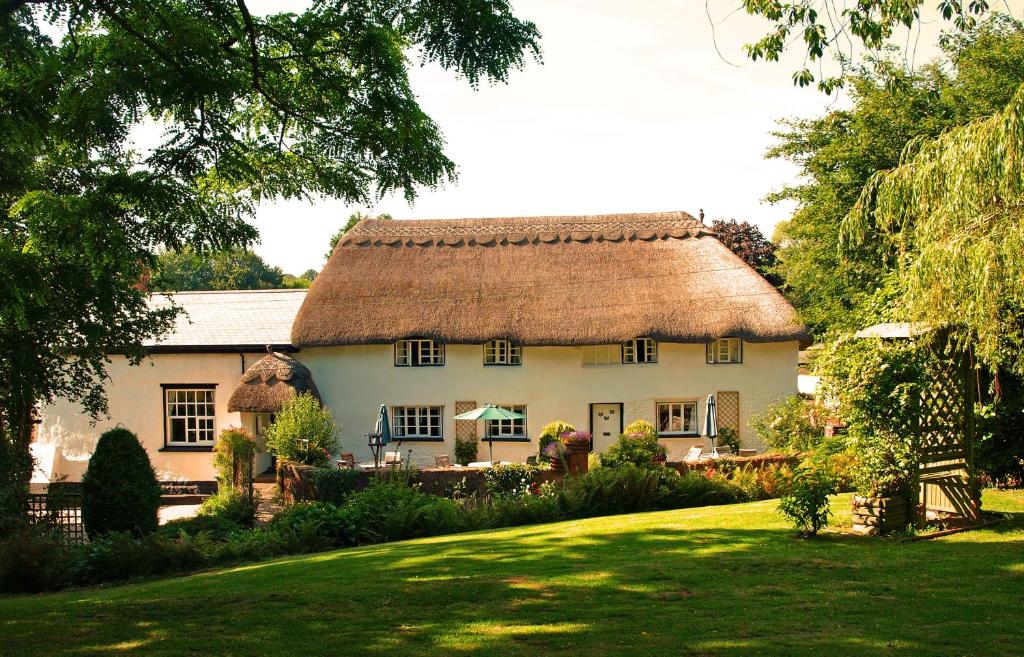 锡德茅斯The Barn and Pinn Cottage的一座带茅草屋顶的大型白色房屋