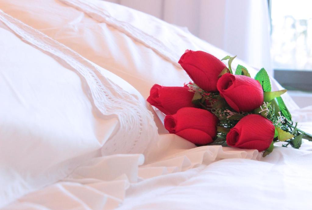 布宜诺斯艾利斯Residence Master Suite en Porteño Building的一组红玫瑰坐在床上