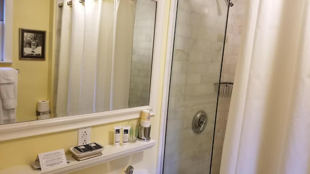 纽约Incentra Village Hotel的带淋浴和镜子的浴室