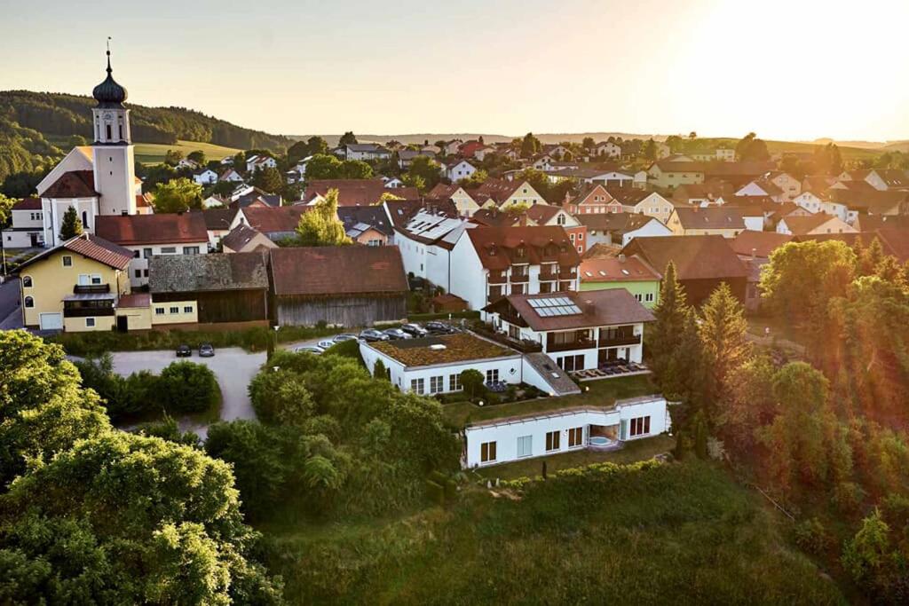 StamsriedZedernhof Gesundheits- & Wellnesshotel的一座带教堂的小城镇和一座带房屋的城镇