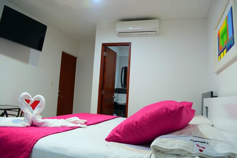 AguazulHotel Aguazul Plaza Centro的一间卧室配有带粉色和白色枕头的床