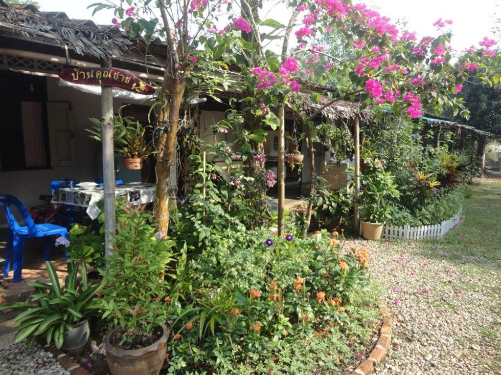 桑卡武里桑科拉布里奶奶的家旅馆的一座花园,在一座建筑前种有鲜花和植物