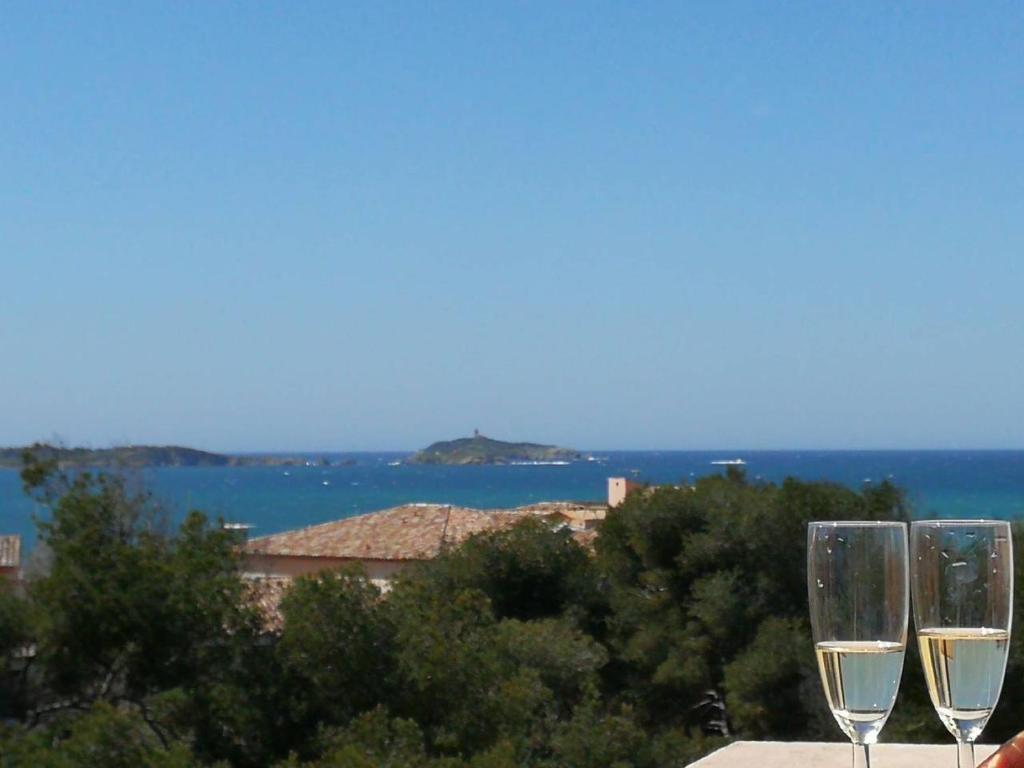 锡富尔勒普拉日Domaine de la Coudoulière, T2 climatisé terrasse vue mer sans vis à vis plage à 100m的两杯白葡萄酒坐在一顶帐篷上