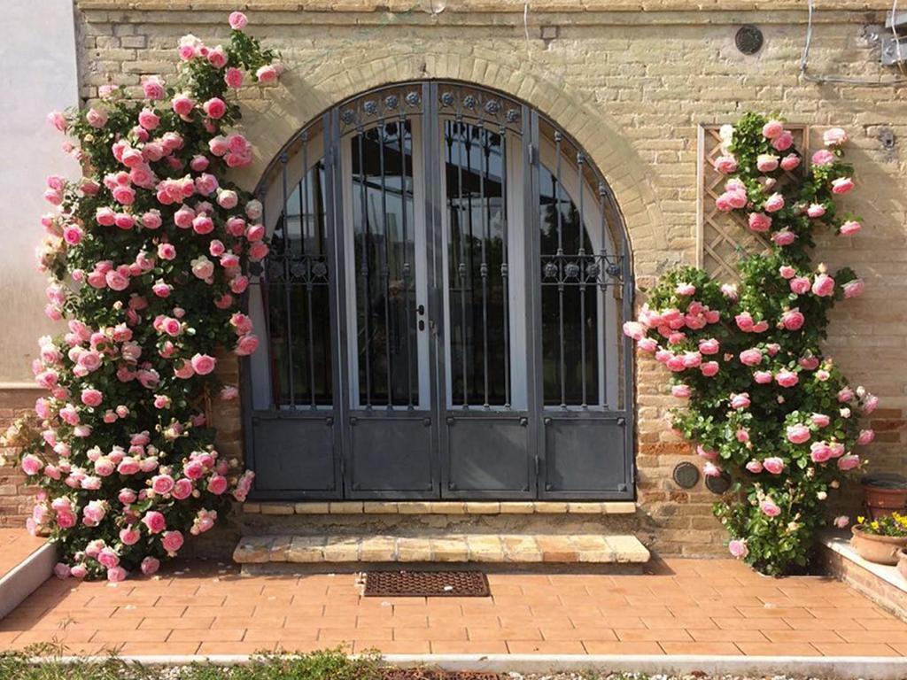 MonterubbianoCasa vacanze a Rubbianello的大楼前有粉红色玫瑰的黑色门