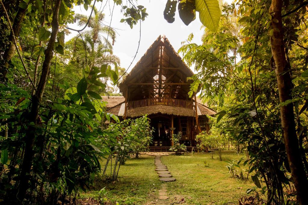 TambopataRefugio Amazonas Lodge的森林中间的竹屋