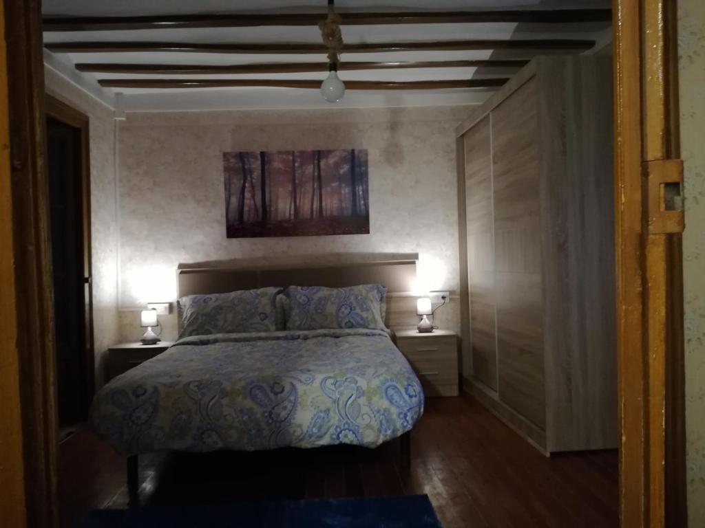拉瓜迪亚Alojamiento Santa Engracia Laguardia的一间卧室配有一张带2个床头柜和2盏灯的床。
