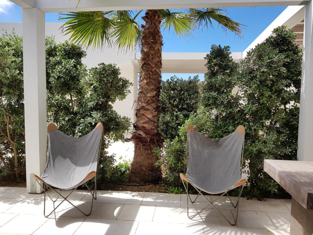 法维尼亚纳Casa Mirella的两把椅子坐在一个棕榈树庭院