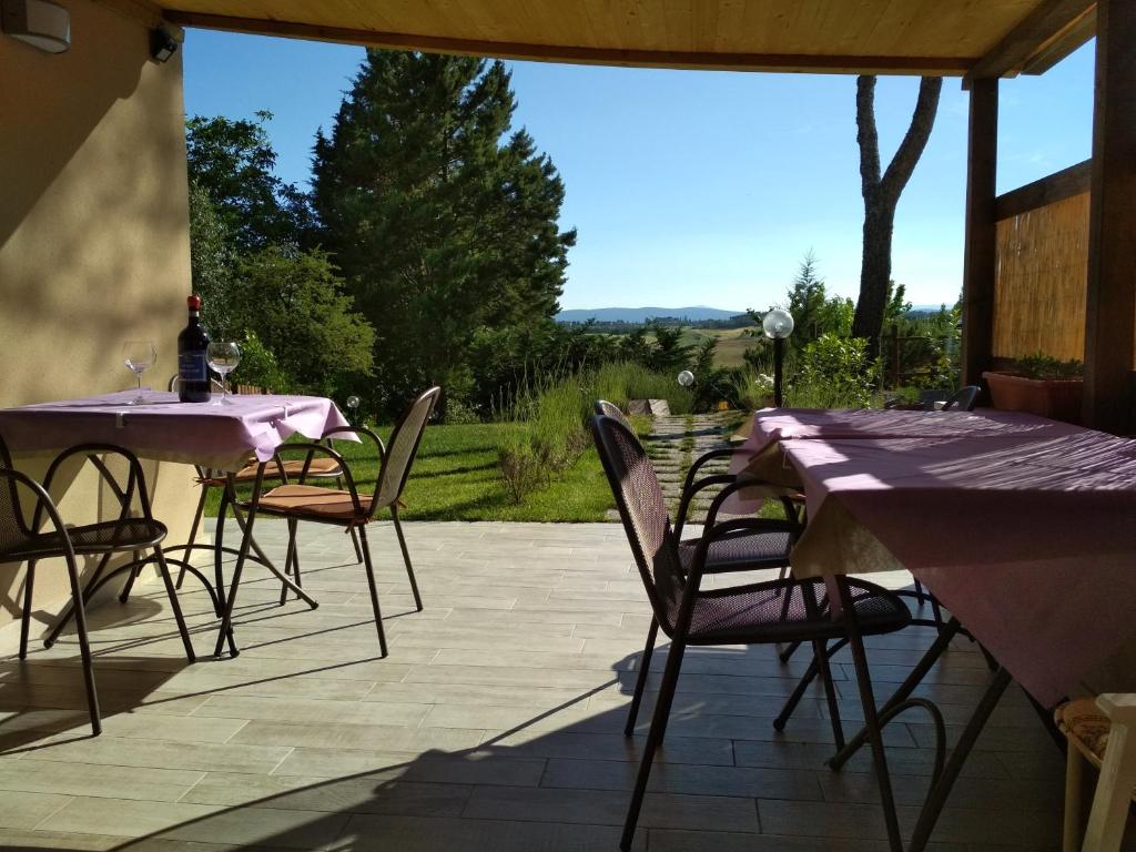 锡耶纳Il Lavandeto - farmhouse in the city的庭院设有桌椅,享有田野美景。