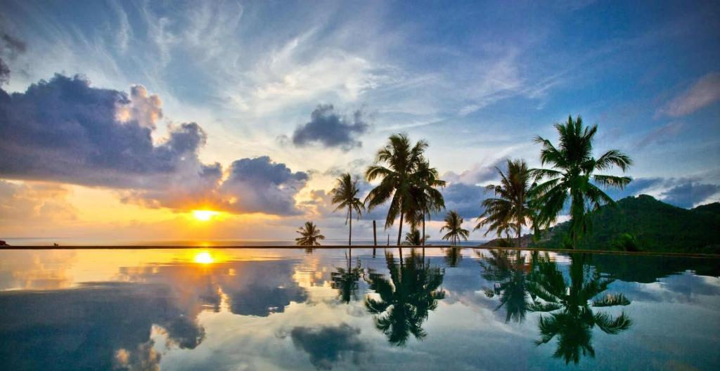 查汶暹罗日出海景酒店的棕榈树和日落背景的游泳池