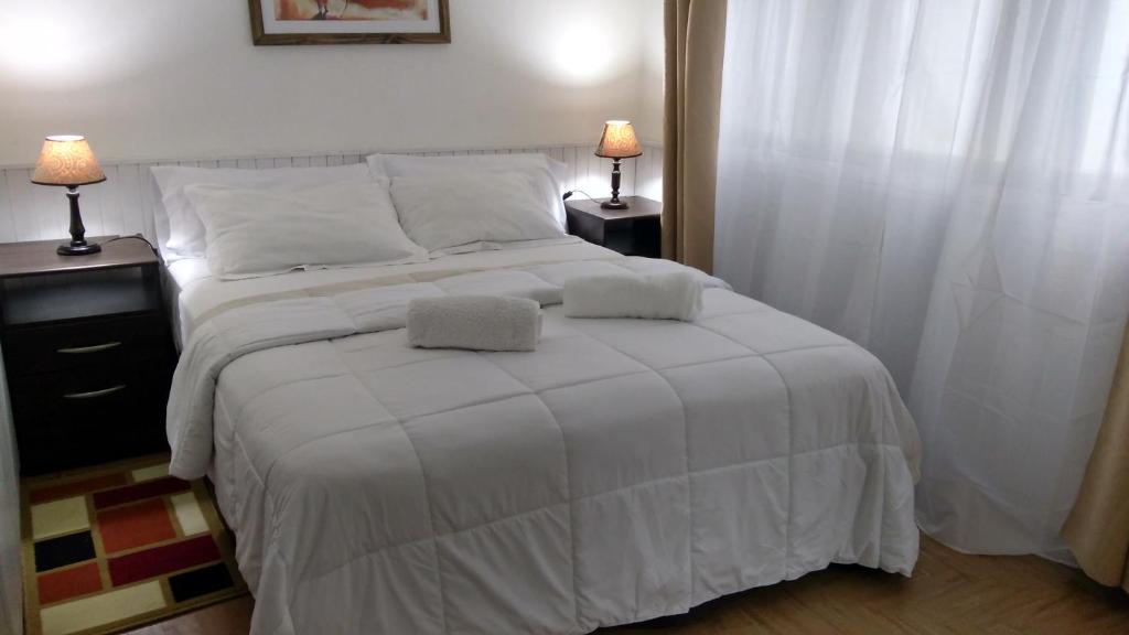 圣卡洛斯-德巴里洛切Departamento Céntrico en San Carlos de Bariloche的卧室配有带两盏灯的白色床