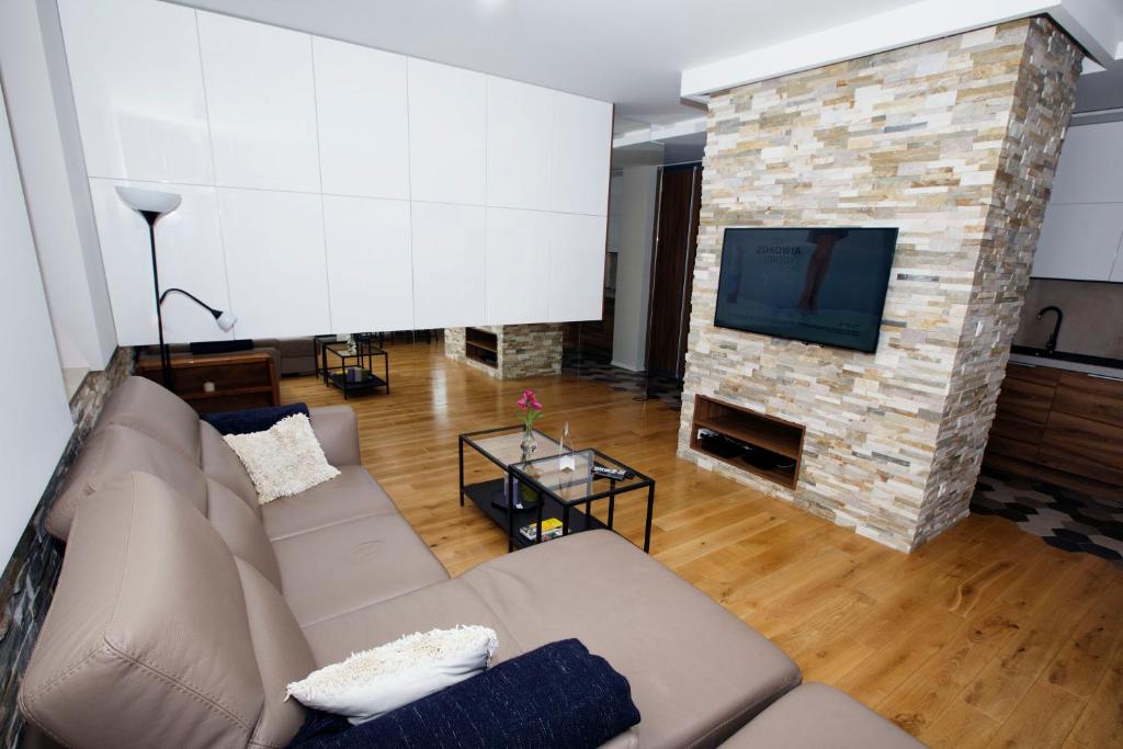 克拉科夫Apartament "Park Lotników"的带沙发和石制壁炉的客厅