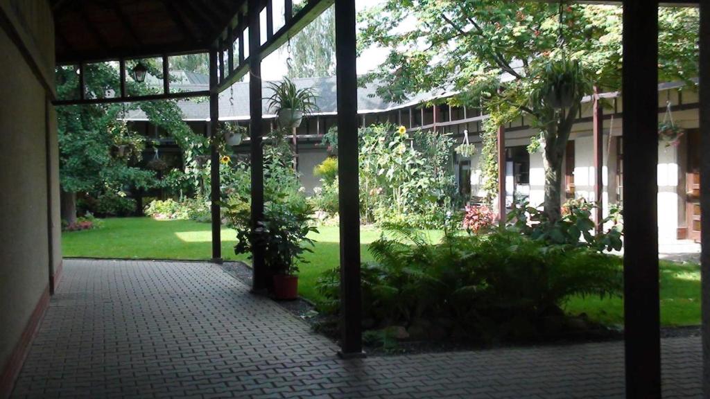 路德斯塔德·威特比Pension im Adventhaus的享有带植物庭院的建筑的外部景色