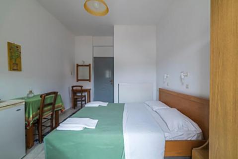 卡米拉日Irini的一间卧室配有一张带绿色桌椅的床