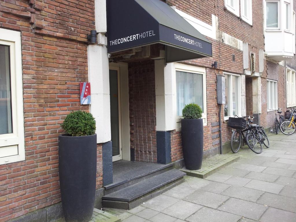 阿姆斯特丹音乐会酒店的砖房前门,有两棵盆栽植物