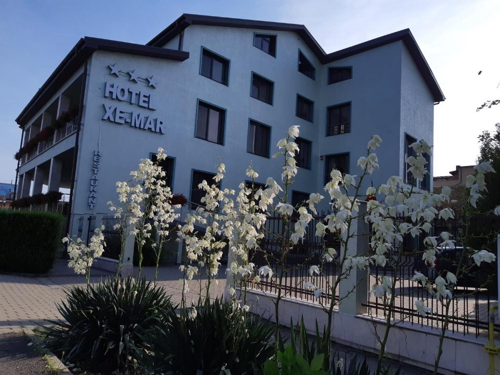 阿拉德Hotel Xemar的前面有白色花的建筑