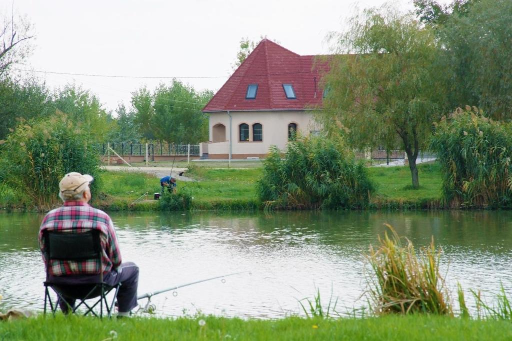 蒂萨凯奇凯Tiszavilág Pihenőház的坐在椅子上,在湖中钓鱼的人