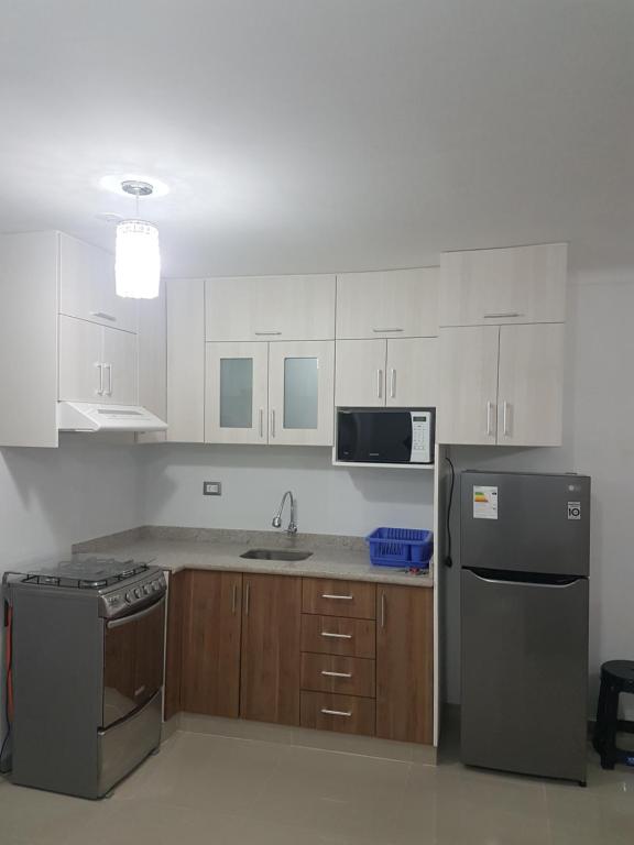 塔克纳Nino´s Residence Departamentos VIP Amoblados的厨房配有白色橱柜和不锈钢冰箱