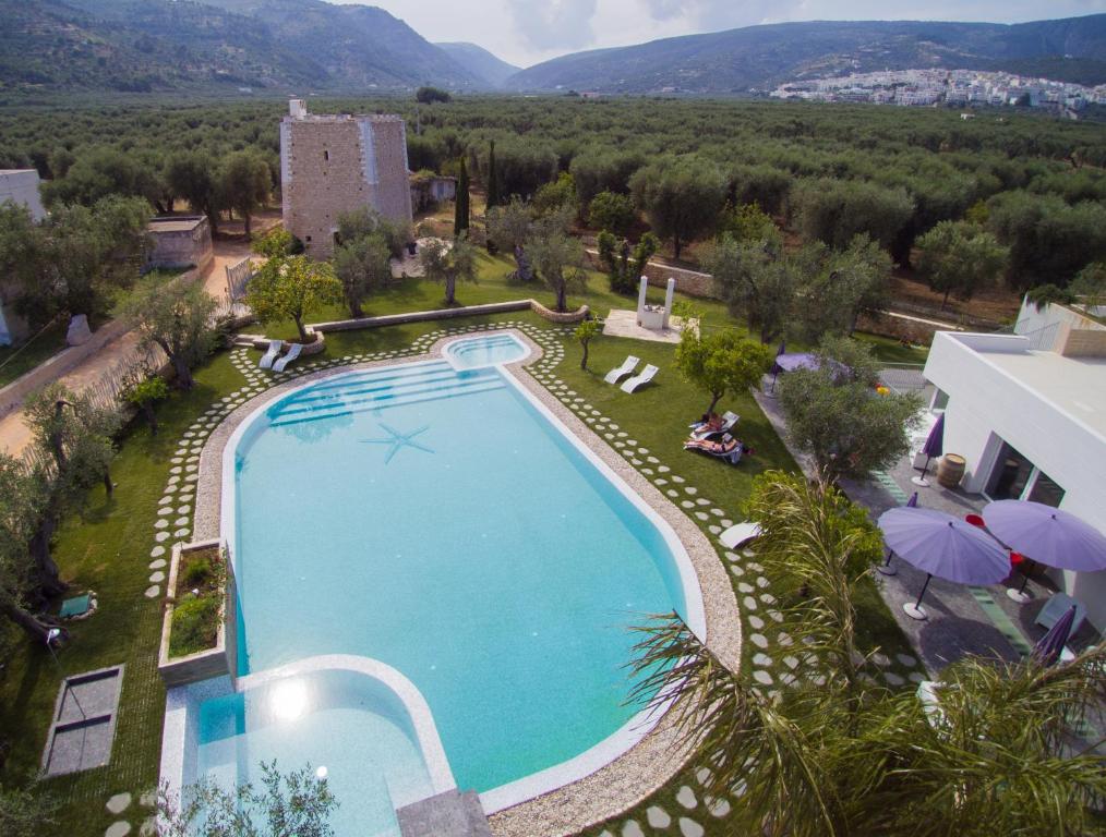 马蒂纳塔Hotel Torre Santamaria Resort的享有度假村游泳池的顶部景致