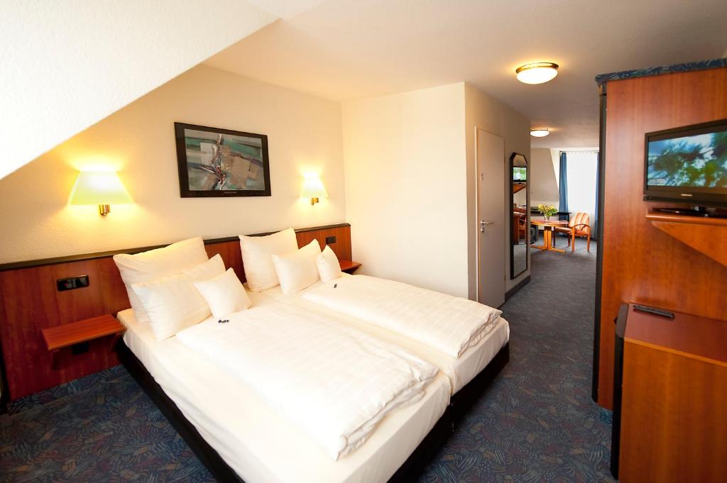 纽伦堡Advantage Appartements Hotel的酒店客房设有一张大床和一台电视。
