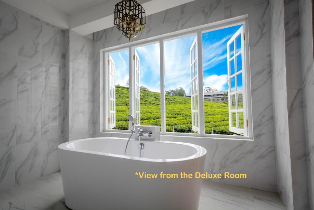 努沃勒埃利耶茶园别墅的窗户前设有带浴缸的浴室
