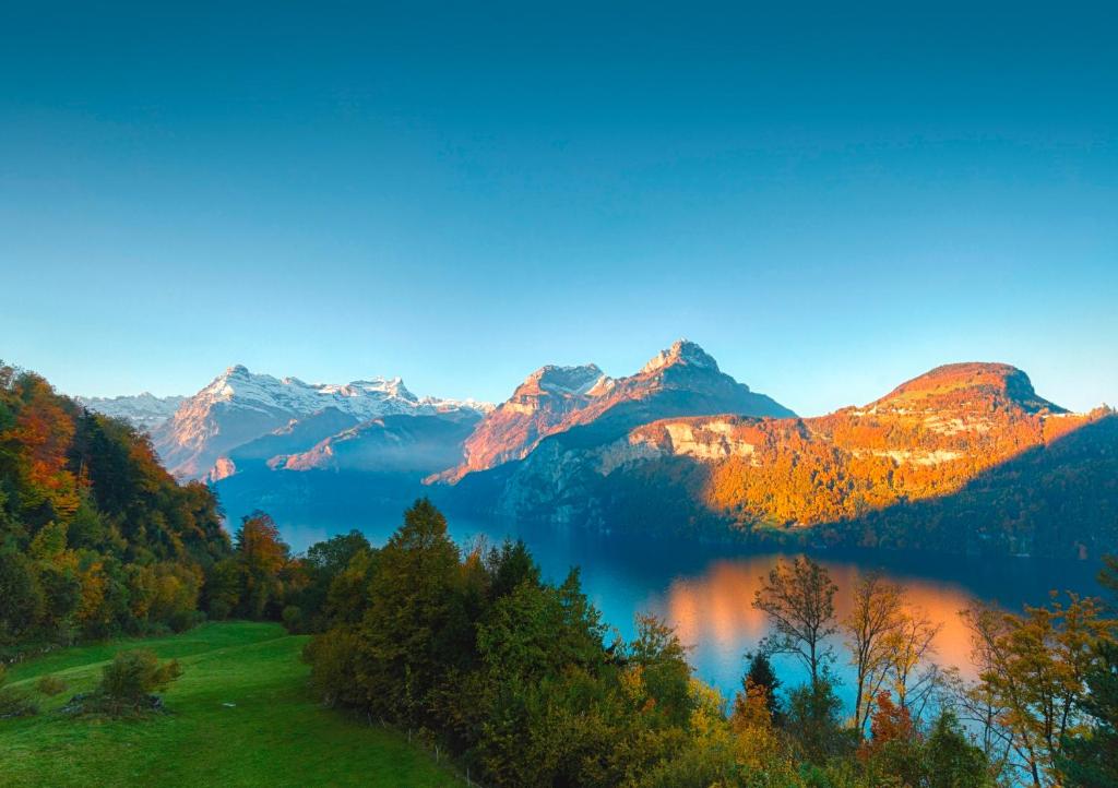 莫尔沙赫B&B Hotel Mattli Übernachtung Frühstück的享有山脉的湖景