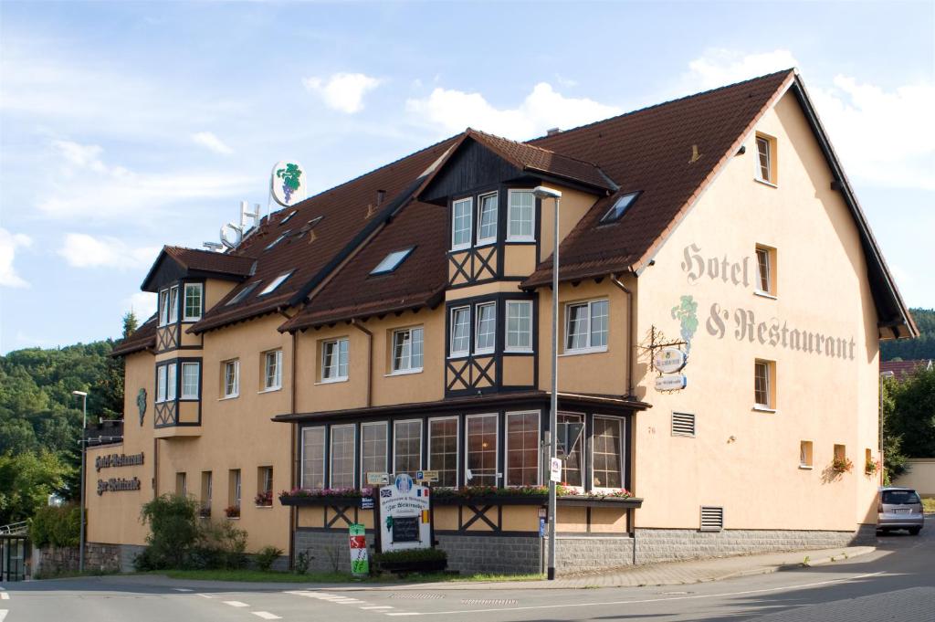 耶拿Hotel & Restaurant Zur Weintraube的一座带棕色屋顶的大型建筑