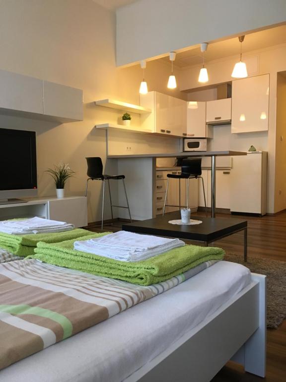 布达佩斯Arany Janos Apartman的一间卧室配有一张桌子和厨房