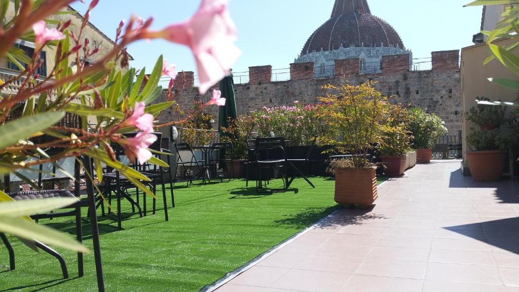 比萨花园酒店的庭院里种有草地、椅子和植物