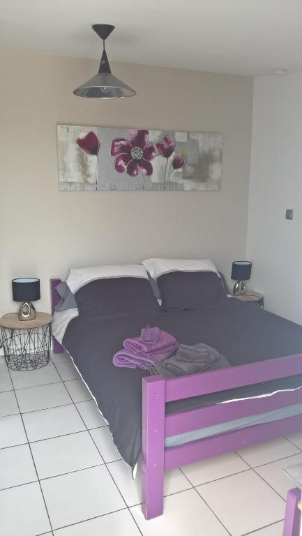 塔布Gîte Studio Tarbes Pyrénées的卧室内的紫色床,带两张桌子