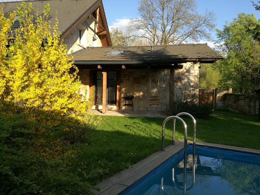 LibunecKamenny apartman的庭院中带游泳池的房子