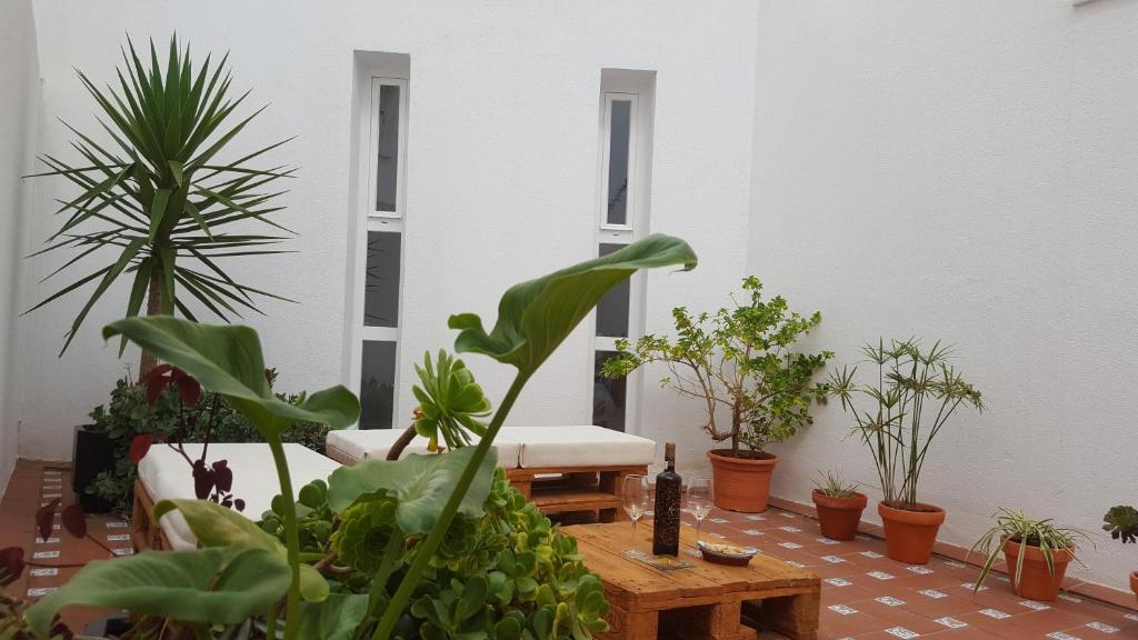 圣费尔南多Apartamentos Coralba - Dúplex Bahía de Cádiz的一间满是植物和桌子的房间
