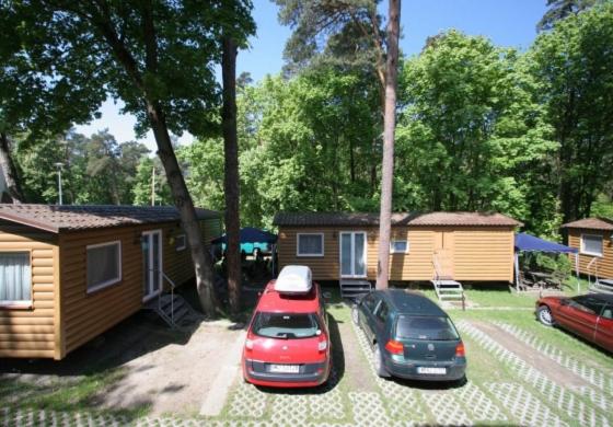 库瑞尼卡慕斯卡Wynajem domkow "Mala Holandia"的两辆汽车停在小屋旁边的院子内