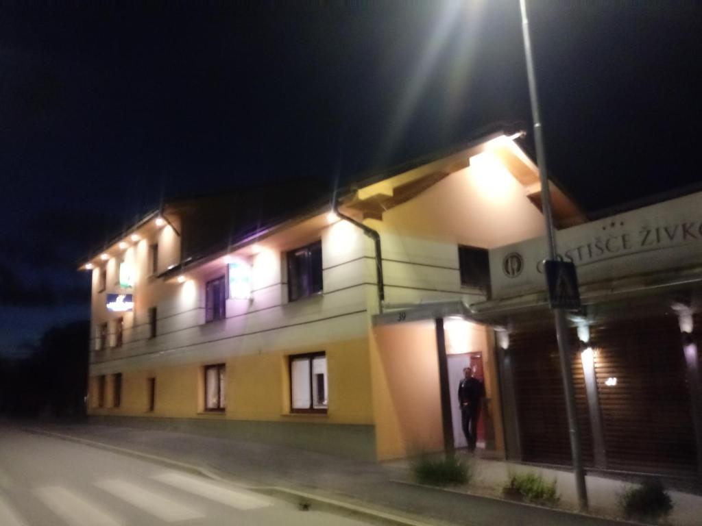 Dobrovce日夫科旅馆的夜间站在建筑物外的人