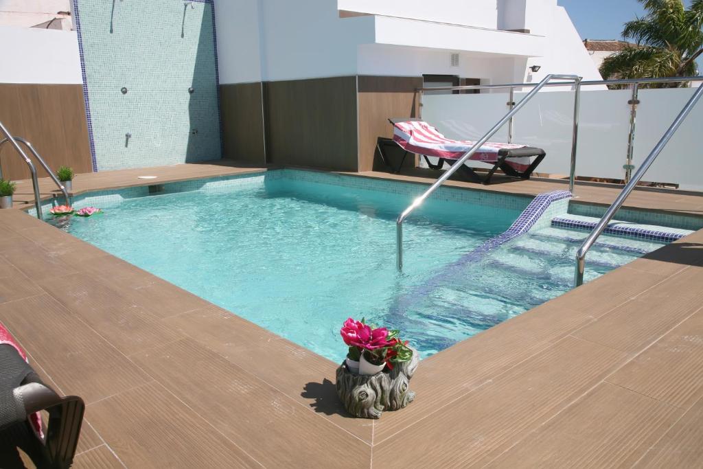 内尔哈Apartamentos Balcón de Nerja - Adults Only的游泳池,里面放着一壶花