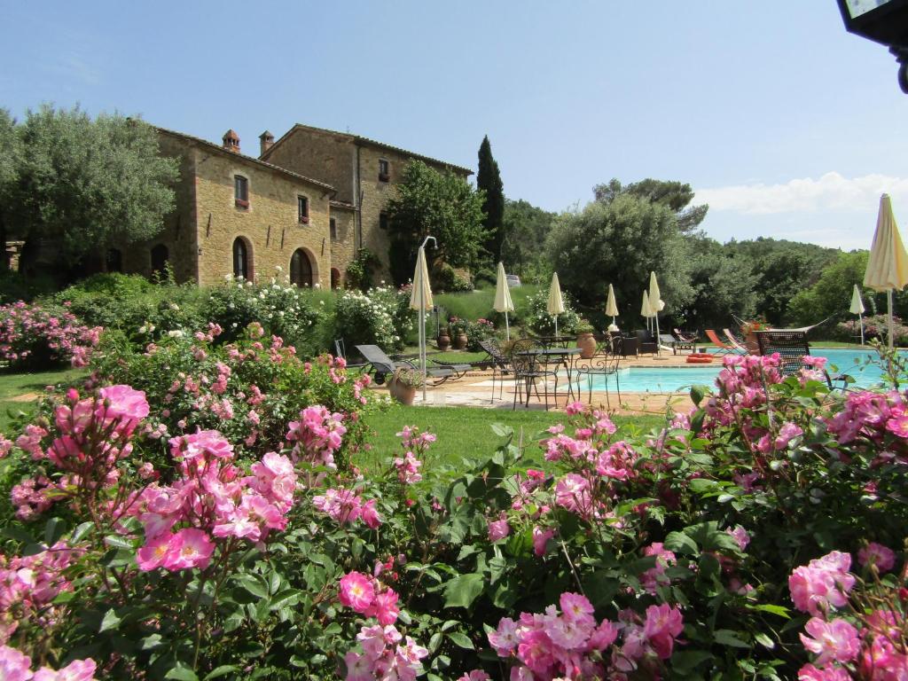 马焦内EcoResort Il Cantico della Natura的一座种有粉红色花卉的花园和一个游泳池