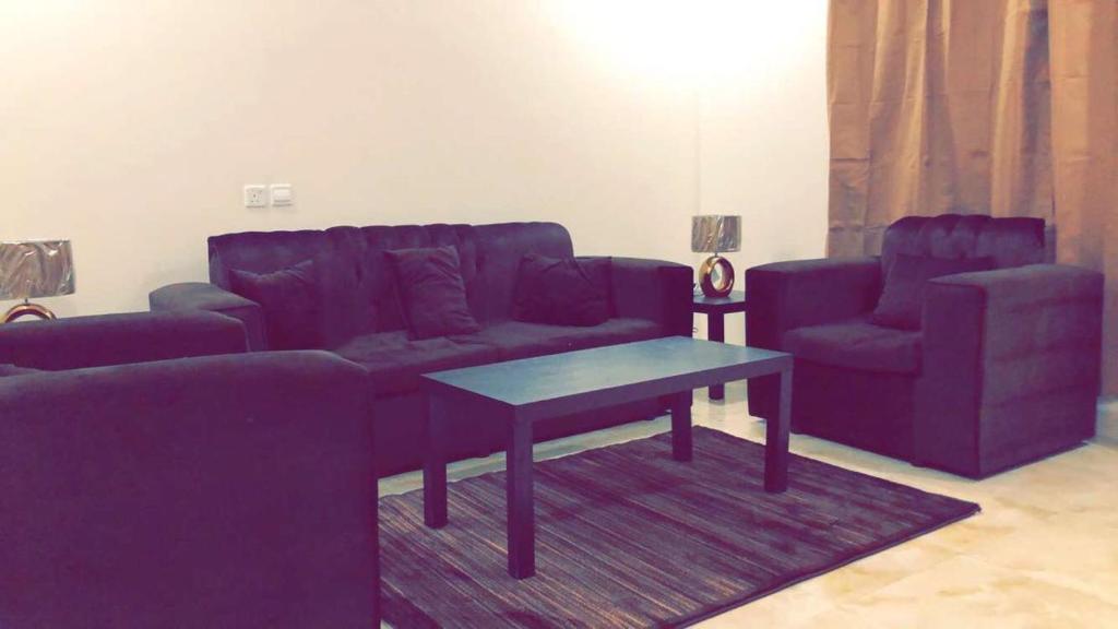 艾卜哈Al Sondos Furnished Apartments的客厅配有紫色沙发和桌子