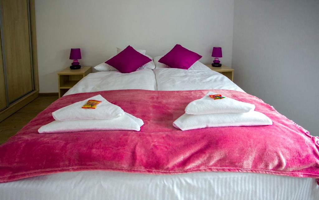 罗威Apartamenty Piaskowe Rowy的一张带两条毛巾的床铺,放在粉红色的毯子上