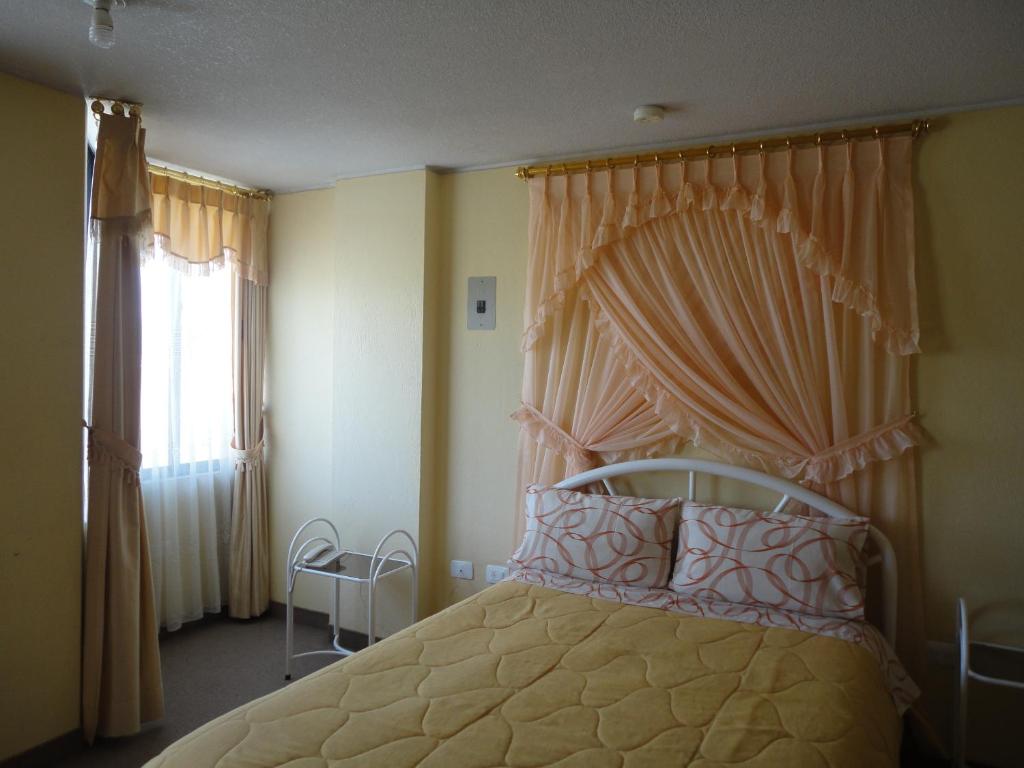 卡扬贝Hostal El Sol de Cayambe的一间卧室配有一张带天蓬和窗户的床