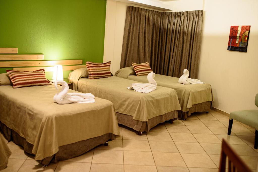 波萨达斯AVEMAR Apart Hotel的两个天鹅坐在一个房间里,睡在两张床上