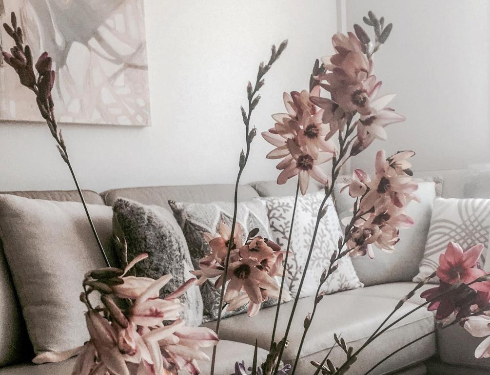 阿波罗湾称心如意酒店的长沙发上带粉红色花的花瓶
