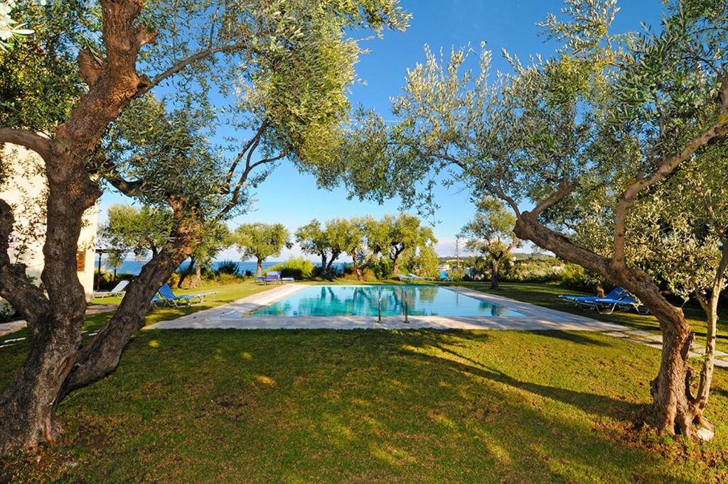 蒂锡利维里曼阿卡酒店的树木繁茂的公园内的游泳池