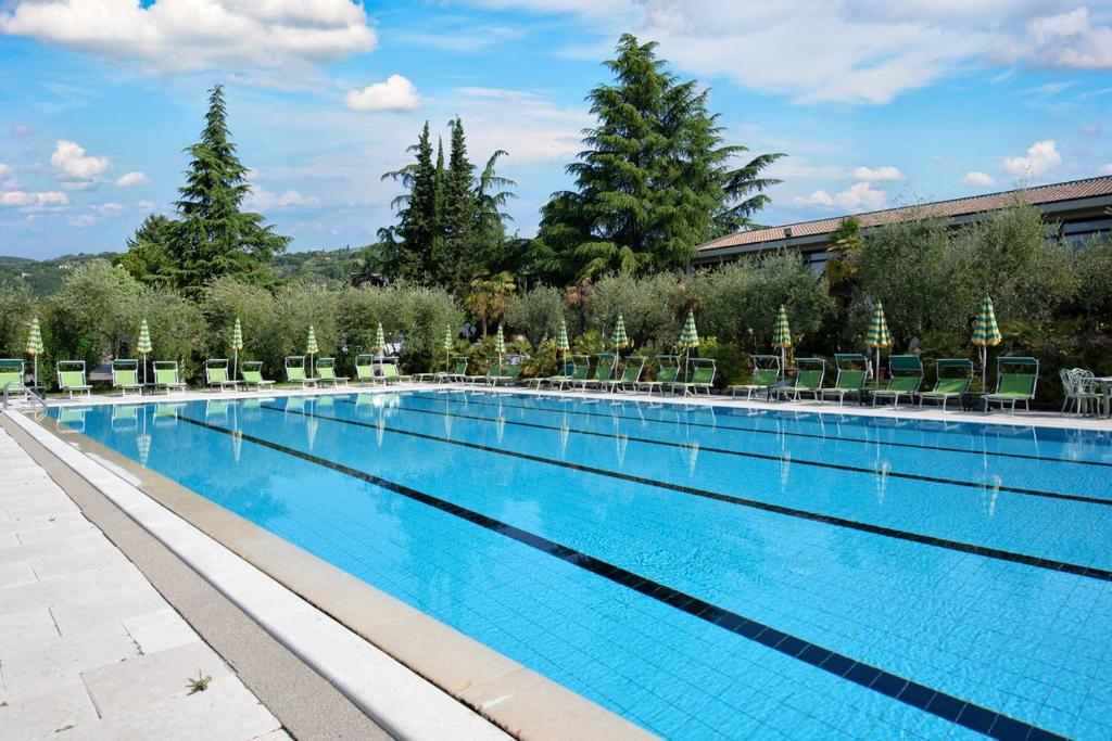 加尔达欧亚希公园酒店的一个带椅子和树木的大型游泳池