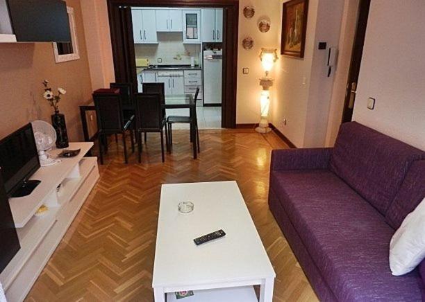 萨拉曼卡Apartamento Norte Comfort的客厅配有紫色沙发和桌子