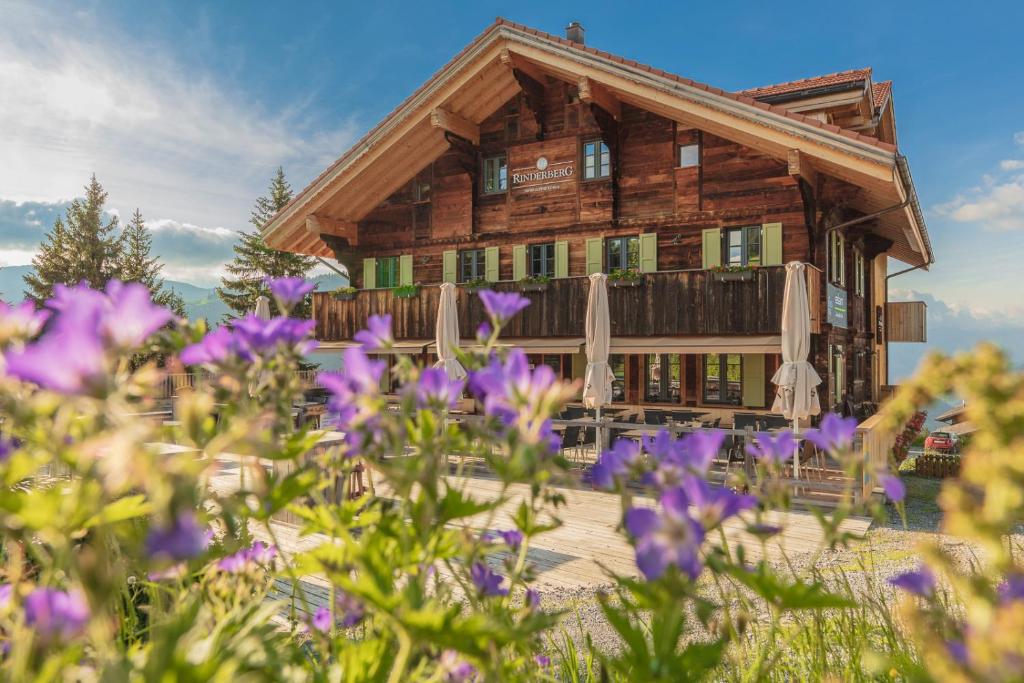 茨韦西门瑞德包瑞士高山小屋旅馆的小木屋前方有紫色花