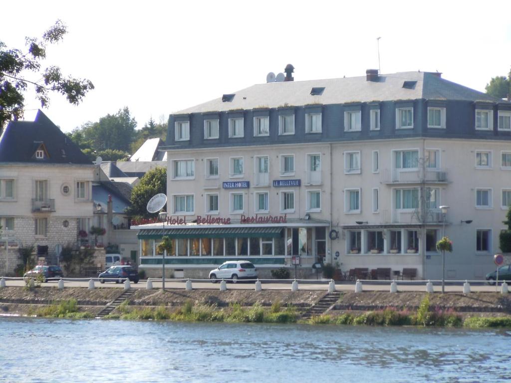蒙特里夏尔Hôtel Le Bellevue Montrichard 3 étoiles的一条大白楼,毗邻一条河流
