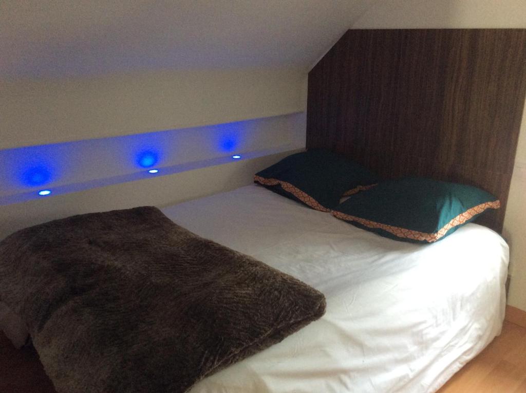 蒙吕松L'appart de Clea的一间卧室配有一张蓝色灯床